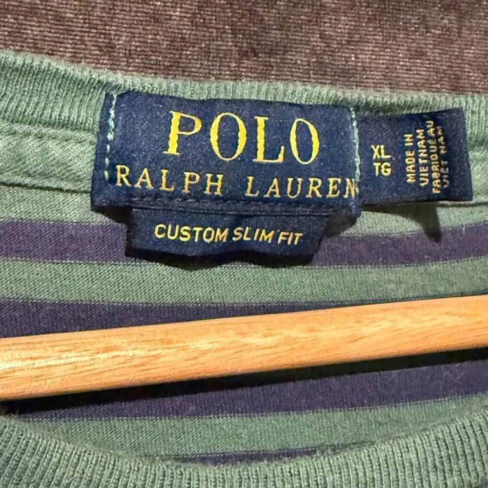 Polo Ralph Lauren Striped Tee Green Navy‎ Custom Slim Fit Mens XL Grunge Nirvana